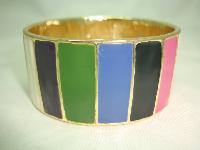 1980s Heavy Multicoloured Enamel Wide Goldtone Striped Bangle Quality!