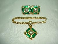 Vintage 1980s Fab Green Enamel and Gold Earrings and Bracelet Set