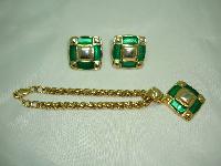 Vintage 1980s Fab Green Enamel and Gold Earrings and Bracelet Set