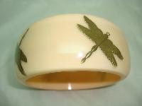 Unusual Wide Chunky Nude Coloured Lucite Gold Dragonfly Arm Bangle