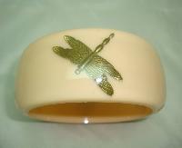 Unusual Wide Chunky Nude Coloured Lucite Gold Dragonfly Arm Bangle