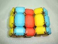 Stunning Wide Yellow Orange Blue Lucite Chunky Stretch Cuff Bracelet