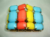 Stunning Wide Yellow Orange Blue Lucite Chunky Stretch Cuff Bracelet