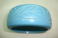 Vintage 50s Style Wide Turquoise Blue Carved Floral Plastic Bangle