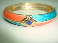 Vintage 80s Quality Orange and Green Enamel Stripe Goldtone Bangle