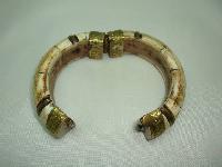 Vintage 30s Chunky Wide Bone and Brass Ornate Cuff Bangle Bracelet