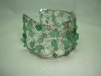 Unique Wide Knitted Wire Green Jade Bead Silvertone Cuff Bracelet 
