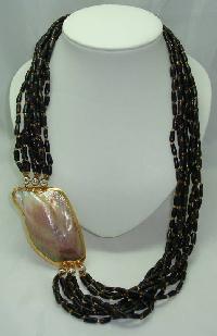 Vintage 70s 9 Row Brown Bead Necklace Huge MOP Side Feature Fabulous!
