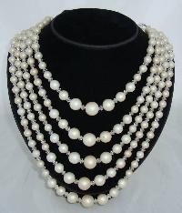 Vintage 50s Stunning Classy 5 Row White Faux Pearl Bead Necklace