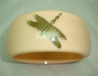 Unusual Wide Chunky Nude Coloured Lucite Gold Dragonfly Arm Bangle