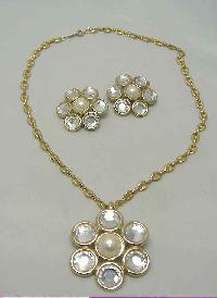 80s Diamante & Pearl Flower Necklace Brooch & Earrings