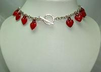 Vintage 80s Stunning Red Lucite Heart Bead Charm Silver Link Necklace