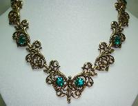 1950s Signed Jewelcraft Ornate Sparkling Green Diamante Gold Necklace
