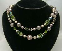 1950s 2 Row Faux Pearl & Green Art Glass Bead Necklace