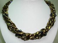 Vintage 50s 6 Row Gold & AB Glass Bead Twist Necklace Fab Flower Clasp