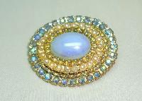 Vintage 50s Blue Glass & AB Diamante Pearl Oval Brooch