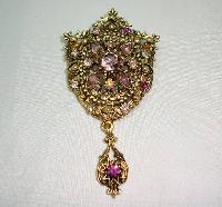 Vintage 50s Elaborate Purple Diamante Gold Drop Brooch