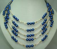 1950s 5 Row Blue Glass Pearl Bead Gold Link Necklace 