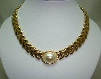 Vintage 80s Quality Wide Gold and Faux Pearl Fancy Collar Necklace 