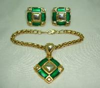 Vintage 1980s Fab Green Enamel and Gold Earrings and Bracelet Set