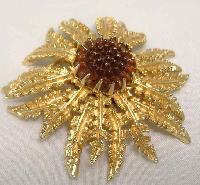 Vintage 60s Signed Sarah Cov Fabulous Gold Amber Glass Flower Brooch 