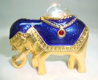 Vintage 80s Blue Enamel & Crystal Gold Elephant Brooch