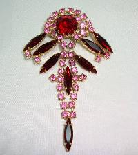 Vintage 50s Unusual Pink and Red Diamante Flower Dangle Drop Brooch