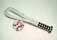 Vintage 80s Black Red and Clear Diamante Baseball Bat Figural Brooch