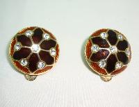 Vintage 80s Quality Domed Brown Gold Enamel Diamante Clip On Earrings