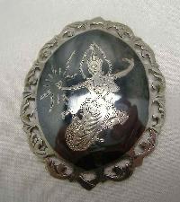 Vintage 50s Sterling Silver Siam Niello Dancing Girls Enamel Brooch