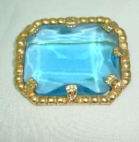 Vintage 50s Big Turquoise Blue Faceted Glass Stone Gold Brooch Signed!
