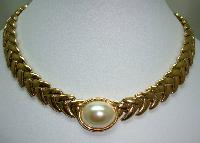 Vintage 80s Quality Wide Gold and Faux Pearl Fancy Collar Necklace 