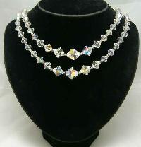Vintage 1950s Two Row AB Crystal Glass Bead Necklace Diamante Clasp