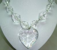 Fab Chunky Clear Lucite Acrylic Bead Necklace with Large Heart Pendant