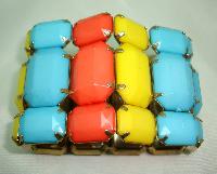 Stunning Wide Yellow Orange Blue Lucite Chunky Stretch Cuff Bracelet