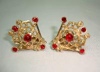 Vintage 60s Signed Sarah Cov Fab Red Diamante Gold Clip On Earrings 
