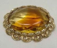 Vintage 1950s Huge Domed Amber Glass Diamante Gold Brooch