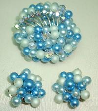 1950s Teal Blue Pearl Crystal Bead Diamante Brooch and Clip Earrings 