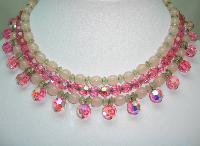 50s 3 Row AB Pink Glass Bead Drop Necklace Ster Silver Diamante Clasp!