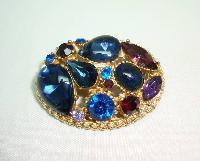 Vintage 50s Sphinx Purple & Blue Glass Diamante Domed Gold Brooch