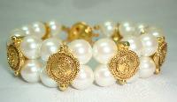 1980s 2 Row Glass Faux Pearl & Gold Ying Yang Bracelet