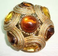Vintage 50s Big Signed Sphinx Amber and Citrine Diamante Domed Brooch