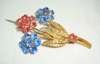 Vintage 30s Czech Blue & Pink Crystal Flower Brooch 