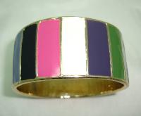 1980s Heavy Multicoloured Enamel Wide Goldtone Striped Bangle Quality!
