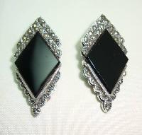 Art Deco Style Sterling Silver Black Onyx + Marcasite Clip on Earrings
