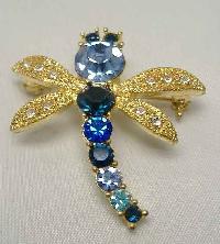 Vintage 80s Charming Blue Diamante Dragonfly Brooch WOW