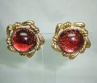 Vintage 50s Fabulous Chunky Domed Red Lucite Goldtone Clip On Earrings
