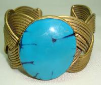 Unique Wide Pleated Style Gold Cuff Bangle with Large Turquoise Stone