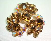 Vintage 50s Large Amber Brown & AB Diamante Flower Domed Brooch