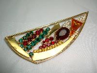 Vintage 80s Abstract Multicoloured Diamante Gold Brooch